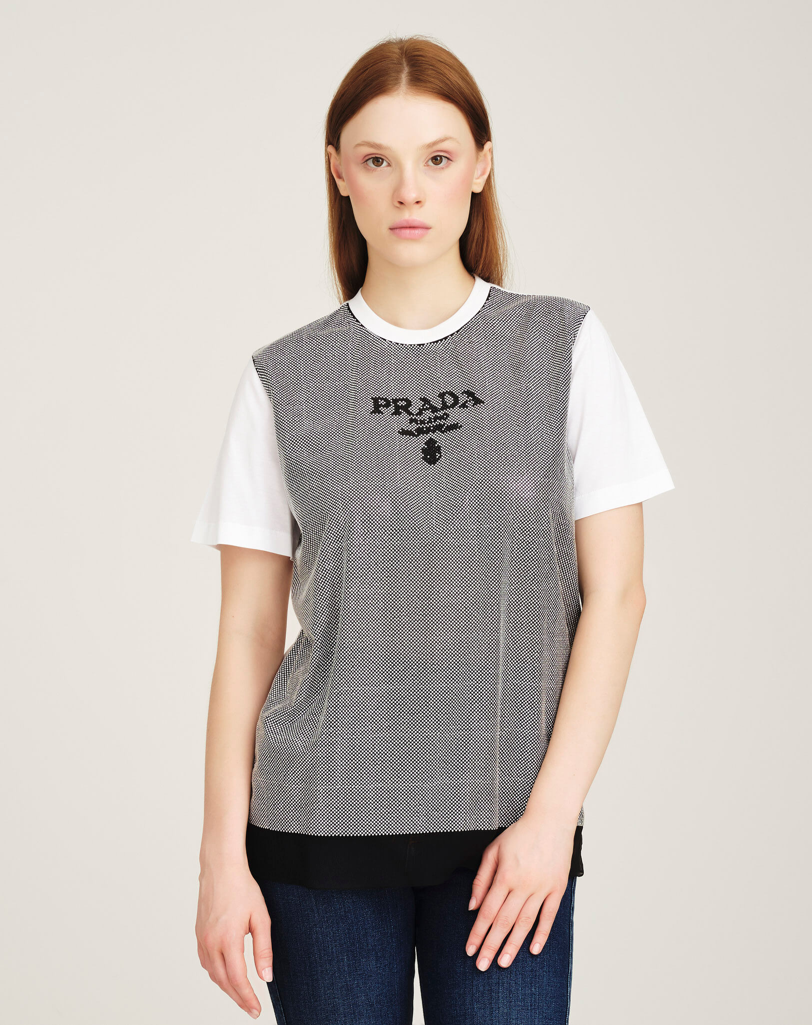 Prada - Rhinestone Studded Chiffon Jersey Tshirt S